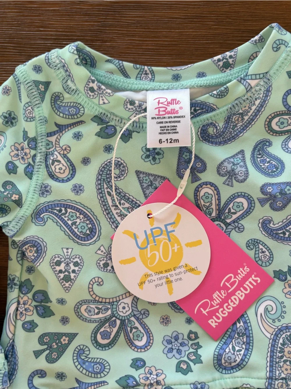 Ruffle Butts Mint Paisley Long-Sleeve Ruffle Swim Top
